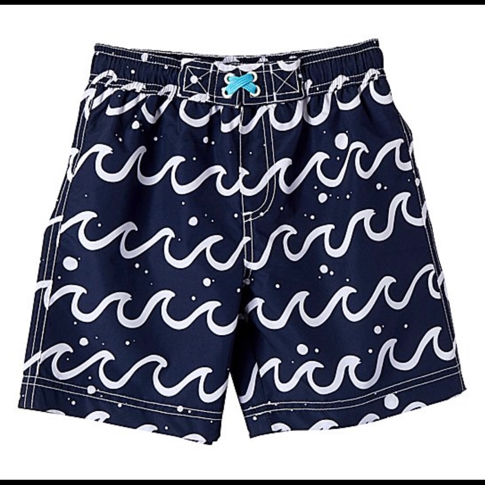 Navy & White Waves Swim Trunks